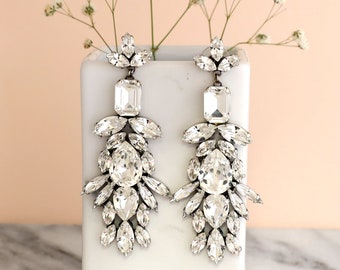 Bridal Chandelier, Silver Oxide Crystal Bridal Earrings, Antique Silver LONG  Earrings Bridal Statement Earrings, Silver Bridal Earrings