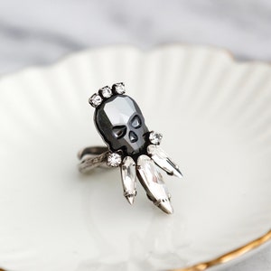 Skull Ring, Skull Gothic Black Silver Ring, Crystal Skull Ring, Gift For Her, Crystal Ring, Sugar Skull Ring, Gothic Silver Adjustable Ring.