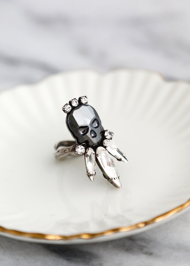 Skull Ring, Skull Gothic Black Silver Ring, Crystal Skull Ring, Gift For Her, Crystal Ring, Sugar Skull Ring, Gothic Silver Adjustable Ring.