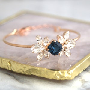 Bridal Blue Bracelet, Bohemian Crystal Bracelet, Blue Navy Bracelet, Bridal Rose Gold Bracelet, Rose Gold Dark Blue Cuff Bracelet