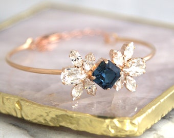 Bridal Blue Bracelet, Bohemian Crystal Bracelet, Blue Navy Bracelet, Bridal Rose Gold Bracelet, Rose Gold Dark Blue Cuff Bracelet