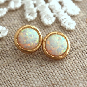 White Opal Earrings, Opal stud earrings, White Opal earrings, Gold Opal earrings,Gift for woman, October birthstone, Dainty Opal earrings. image 4