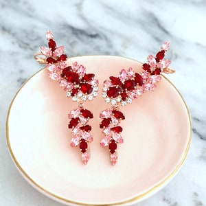 Red Pink Earrings, Climbing Earrings, Bridal Climbing Earrings, Red Pink Statement Ear Crawler, Bridal Ear climber, Ruby Crystal Earrings