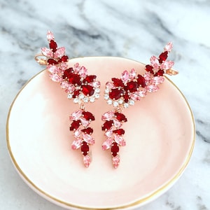 Red Pink Earrings, Climbing Earrings, Bridal Climbing Earrings, Red Pink Statement Ear Crawler, Bridal Ear climber, Ruby Crystal Earrings