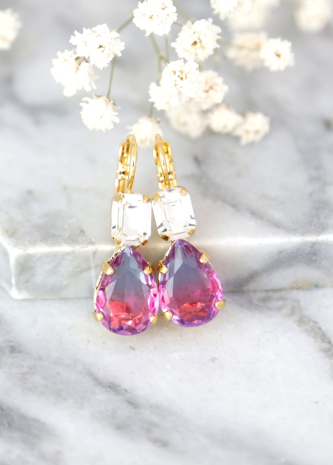 Pink Drop Earrings, Blue Pink Drop Earrings, Bridal Pink Teardrop ...