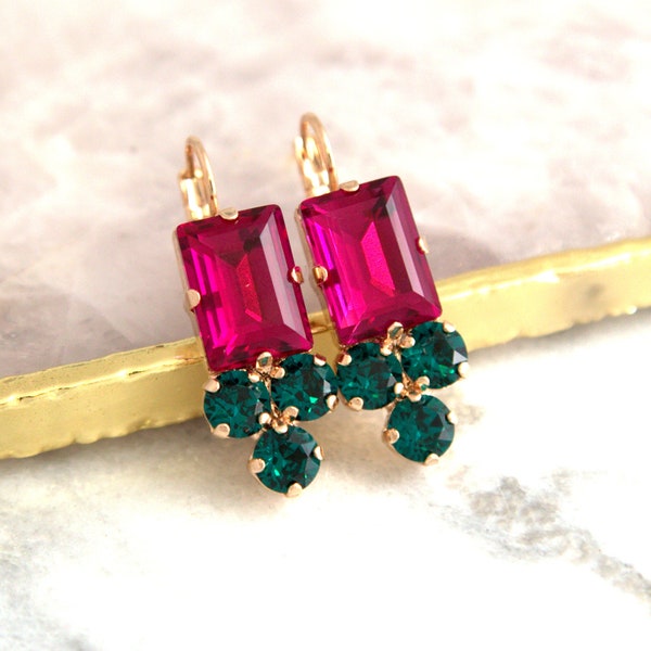 Pink Green Earrings, Fuchsia Drop Earrings, Fuchsia Emerald Crystal Drop Earrings, Bridesmaids Earrings, Dark Pink Earrings, Gift For Her