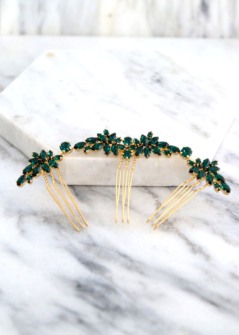 Bridal Hair Comb, Emerald Hair Comb, Hair Side Comb, Bridal Emerald Hair Accessories, Bridal Green Emerald Hair Comb, Emerald Hair Comb image 3