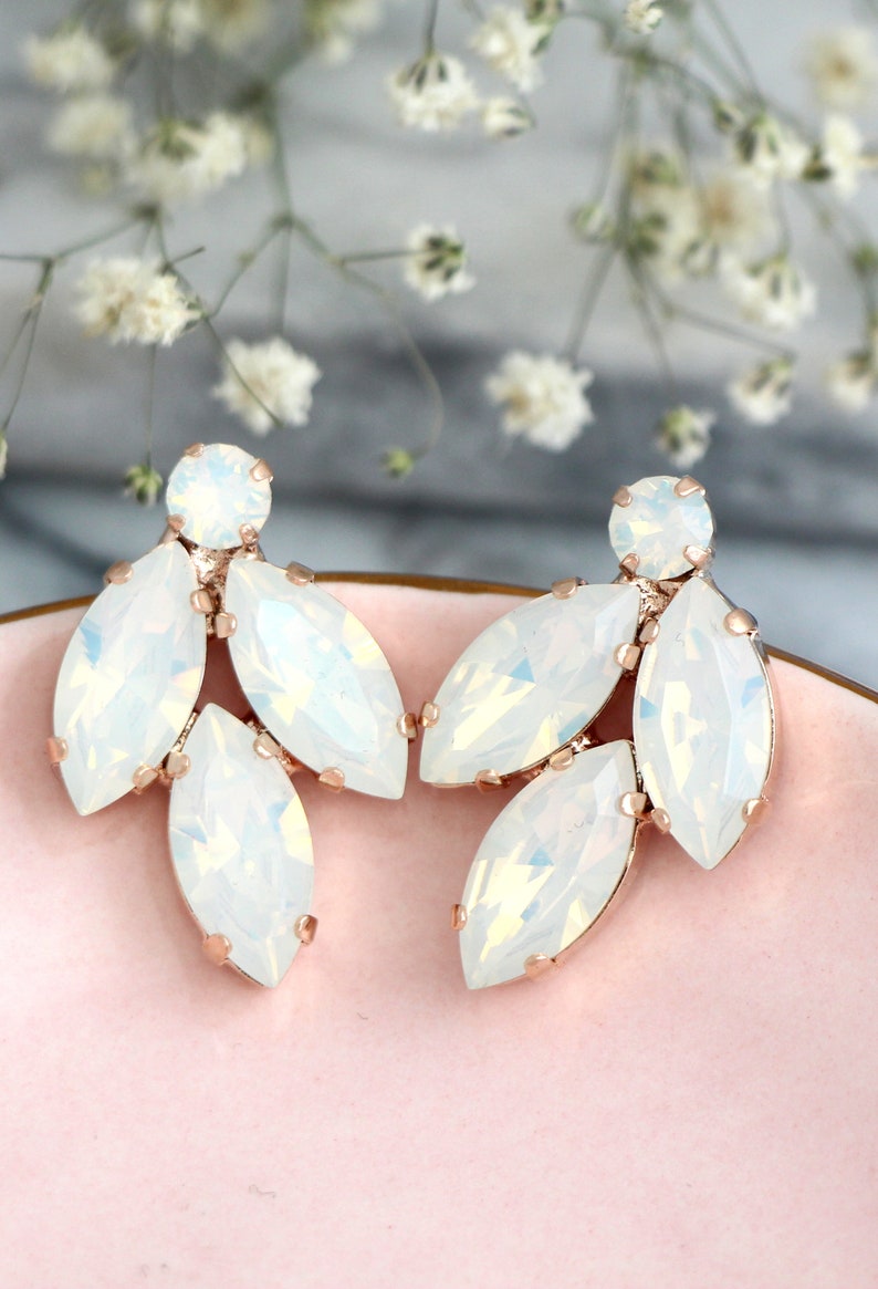 White Opal Crystal Cluster Bridal Clip On Earrings, Bridal Bridesmaid Gift, White Opal Bridal Clip On Earrings, White Opal Crystal Studs image 6