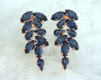 Blue Navy Stud Earrings, Bridal Navy Cluster Earrings, Dark Blue Crystal Stud Earrings, Bridesmaid Gifts, Bridal Blue Stud Earrings