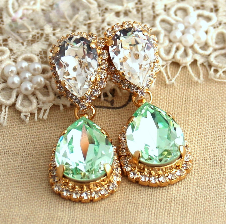 Mint Chandelier earrings, Bridal Mint green earrings, Bridal earrings, Gold Mint chandelier dangle earrings, Sage Green Crystal Earrings image 3