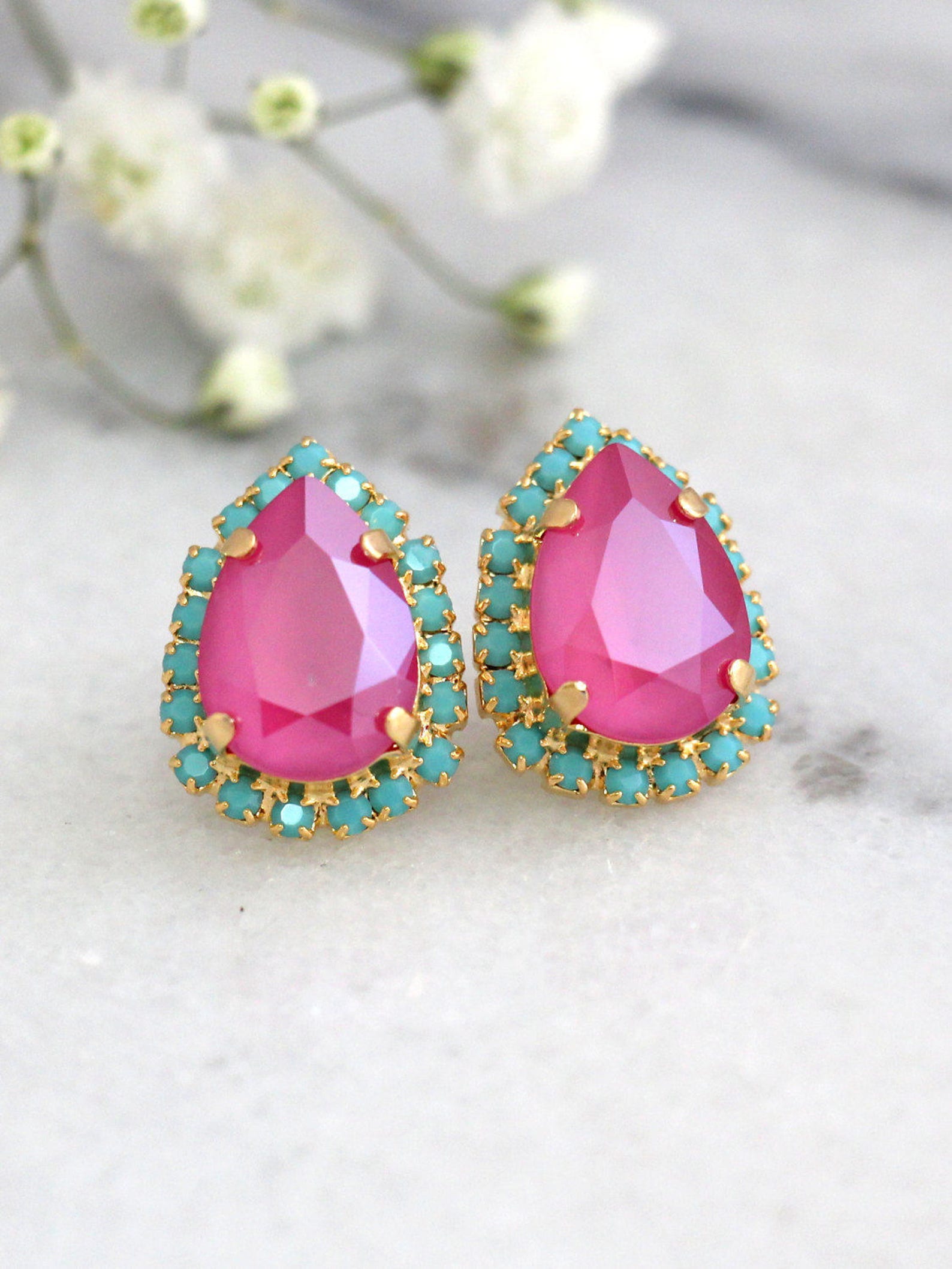 Pink Turquoise Earrings Hot Pink Earrings Fuchsia Studs Etsy