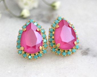 Pink Turquoise Earrings, Hot Pink Earrings, Fuchsia Studs Earrings, Crystal Pink Fuchsia  Earrings, Bridesmaids Pink Earrings, Pink Studs