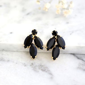 Black Clip On Earrings, Bridal Black Crystal Earrings, Black Gold Stud Crystal Earrings, Clip On Earrings, Bridesmaids Clip On Earrings image 3