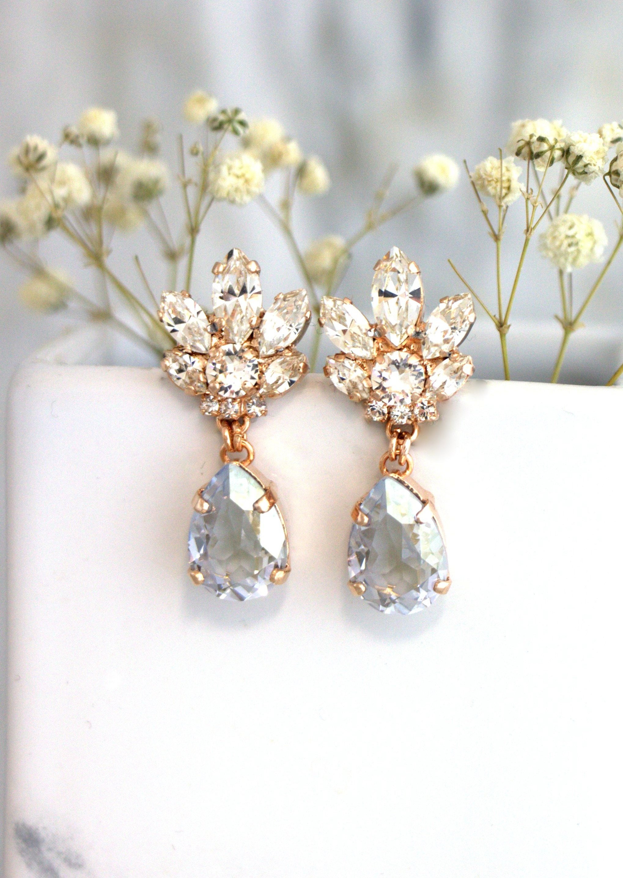 Bridal Chandeliers, Dusty Blue Bridal Earrings, Dusty Blue Earrings, Bridal Earrings, Rose Gold Bridal Earrings, Bridal Blue Drop Earrings.