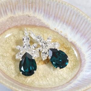 Emerald Green Bridal Earrings, Dark Green Crystal Earrings, Bridal Emerald Earrings, Green Emerald Dangle Earrings, Green Blue Drop Earrings Silver Plated