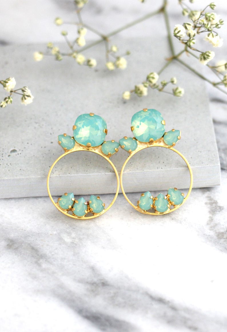 Mint Earrings Hoop Earrings Bridal Mint Opal Crystal Etsy