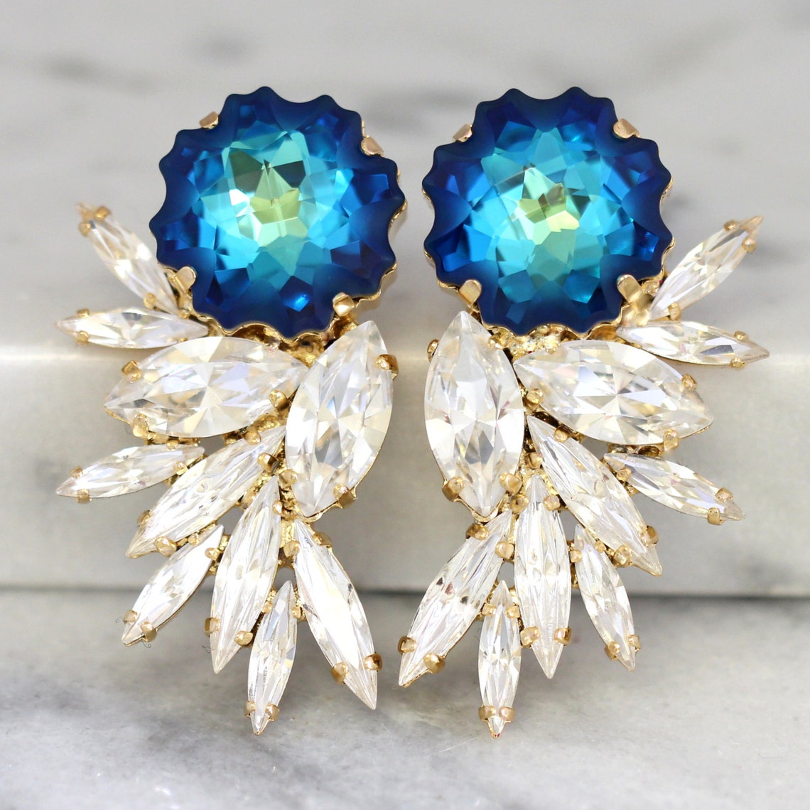 Blue Statement Earrings Swarovski Chandelier Earringsbridal Etsy
