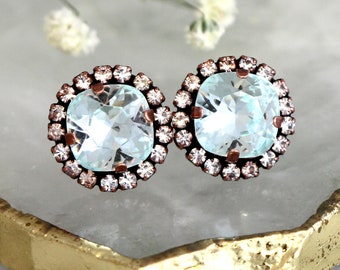 Aquamarine Stud Earrings, Bridal Crystal Blue Topaz Stud Earrings, Aquamarine Crystal Stud Earrings, Blue Aqua Earrings, Bridesmaids Studs