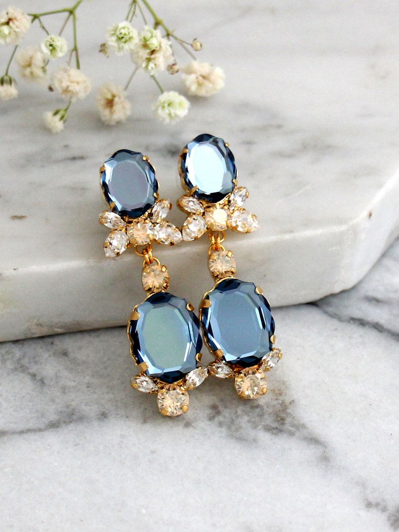 Bridal Blue navy Earrings, Dark Blue Drop Earrings, Crystal Blue Chandelier Earrings, Dark Night Dangle Earrings, Bridal Drop Earrings image 3