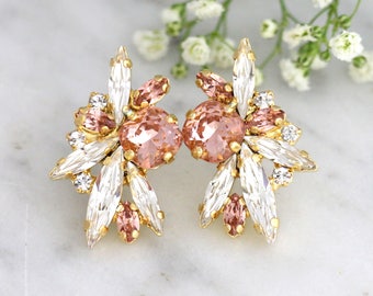 Blush Earrings, Bridal Blush Earrings, Morganite Bridal Stud Earrings, Bridesmaids Earrings, Bridal Blush Rose Crystal  Cluster Earrings.