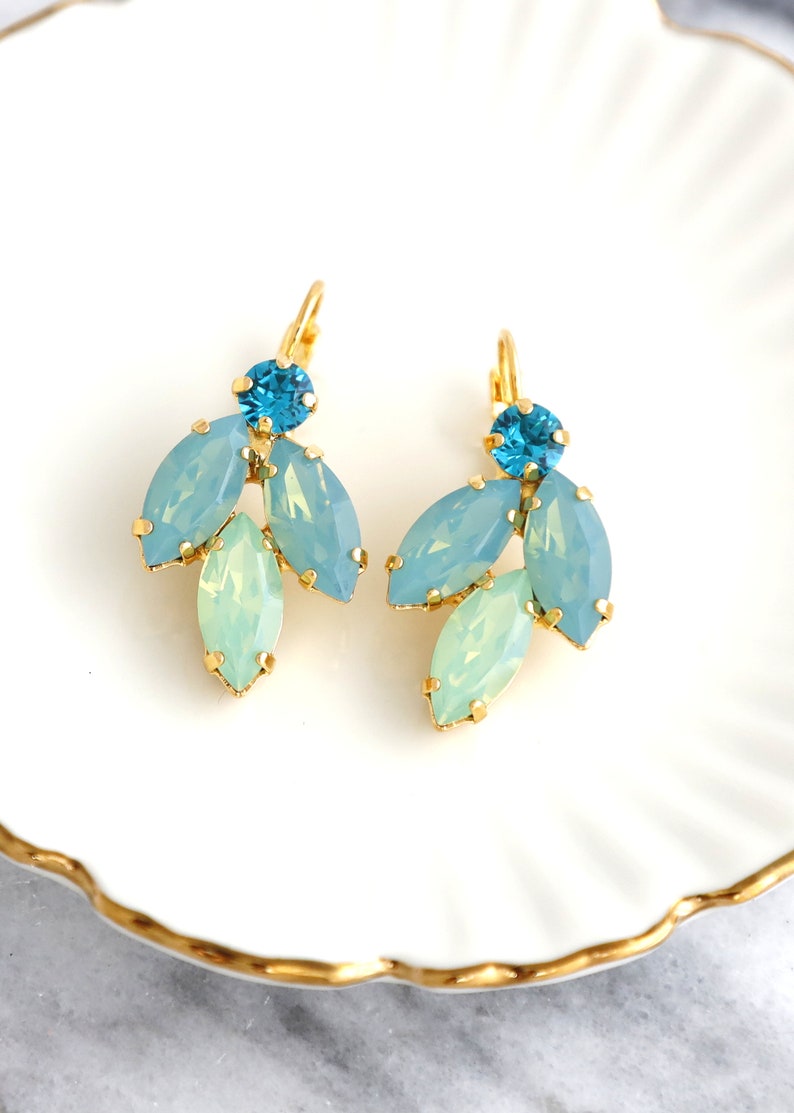 Green Blue Earrings, Green Opal Crystal Earrings, Green Sage Blue Teal Drop Earrings, Bridal Sage Crystal Earrings, Handmade Gift image 5