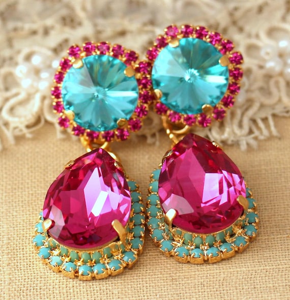 ピアス Luxury Street Wear ICE Crystal Sugar Earrings Fang unisexual Fuchsia Turquoise Chandelier Earrings, Statement Earrings