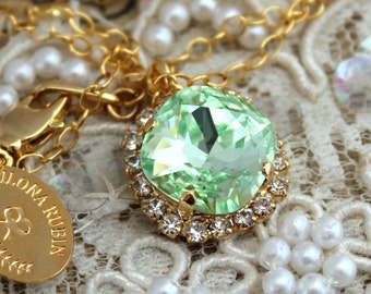 Green Mint Necklace, Bridal Mint Necklace, Bridesmaids Crystal Necklace, Bridesmaids Gifts, Gift for Woman, Mint Gold Crystal Necklace