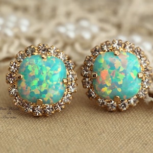 Opal Stud Earrings, Mint Opal Crysal Earrings, Mint Opal Earrings, Gold Opal Earrings,gift For Her, Green Stud Earrings, Opal Stud Earrings