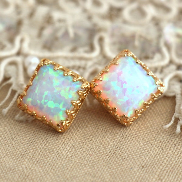 Opal Earrings,Opal Gold Studs,Gold Opal Earrings,Gift for her,White Opal Earrings