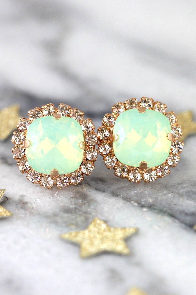 Mint Green Stud Earrings Mint Opal Crystal Earrings Bridal Etsy