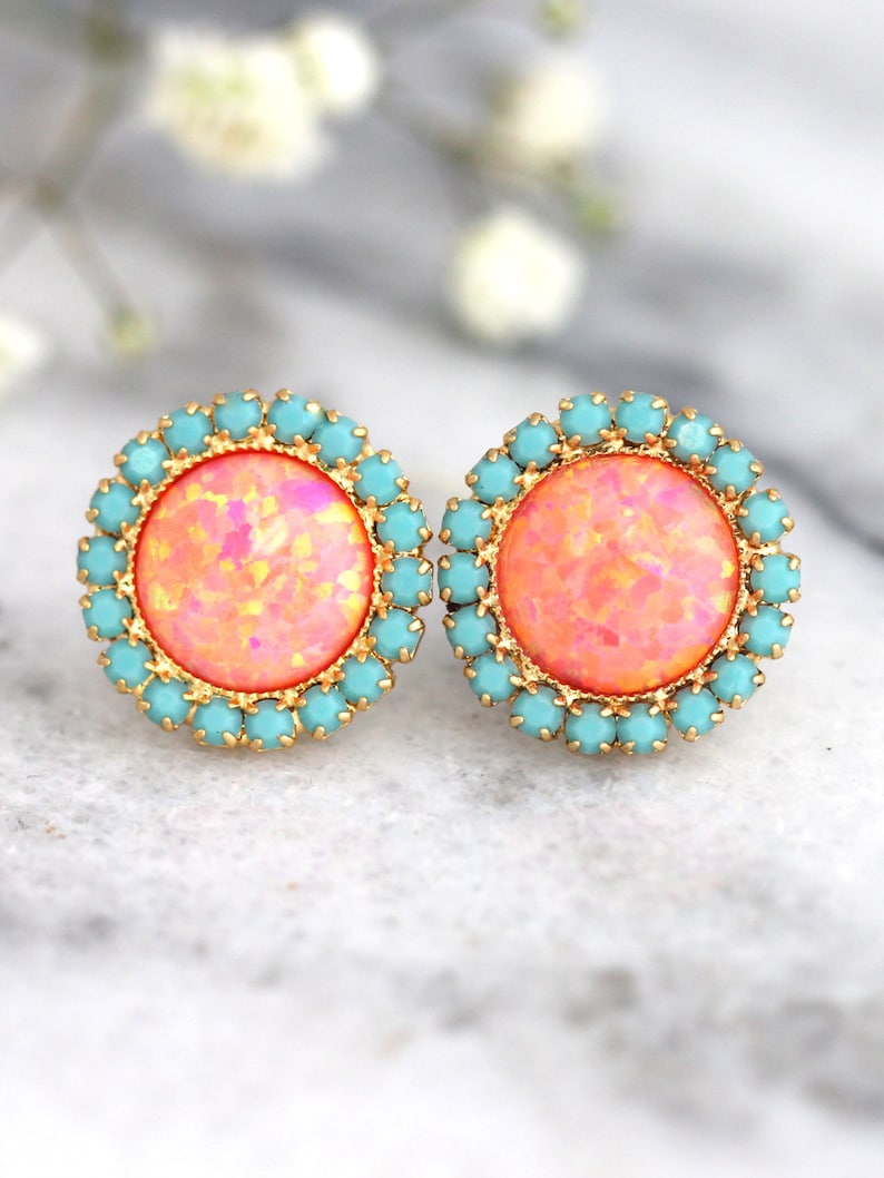 Opal earrings, Coral Mint earrings, Opal Stud Earrings, Tangerine bridesmaids Earrings, Gift For Her, Orange Earrings, Fire Opal Earrings image 2