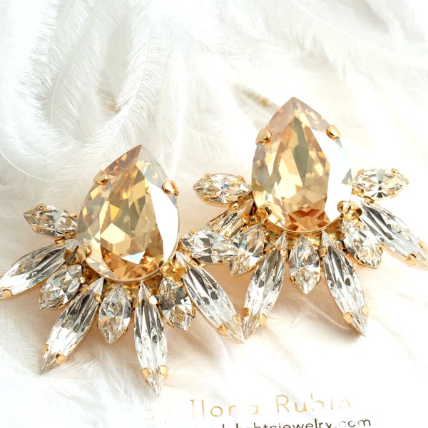 Bridal Champagne Earrings, Champagne Bridal Cluster Earrings, Bridal Statement Cluster Earrings, Bridal Topaz Crystal Cluster Stud Earrings