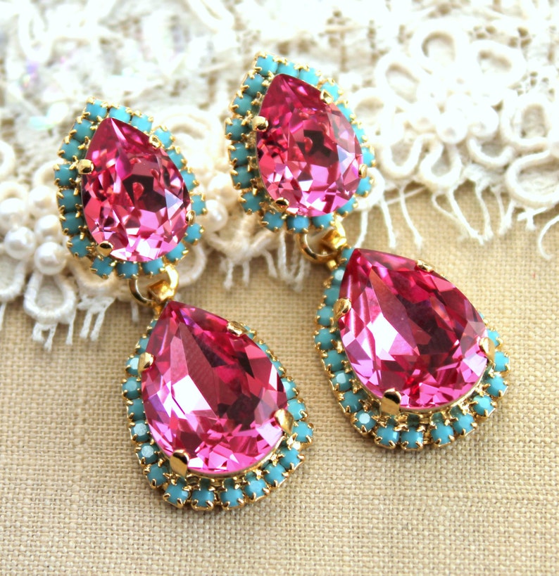 Pink Chandelier Earrings, Pink LONG Earrings, Pink Turquoise Earrings, Pink Chandelier Earrings, Pink Rose Drop Earrings, Pink Earrings image 3