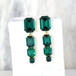 Emerald Chandelier Earrings, Emerald Green Long Crystal Earrings, Emerald Cut Drop Chandelier Earrings, Bridal Dark Green Crystal Earrings image 3