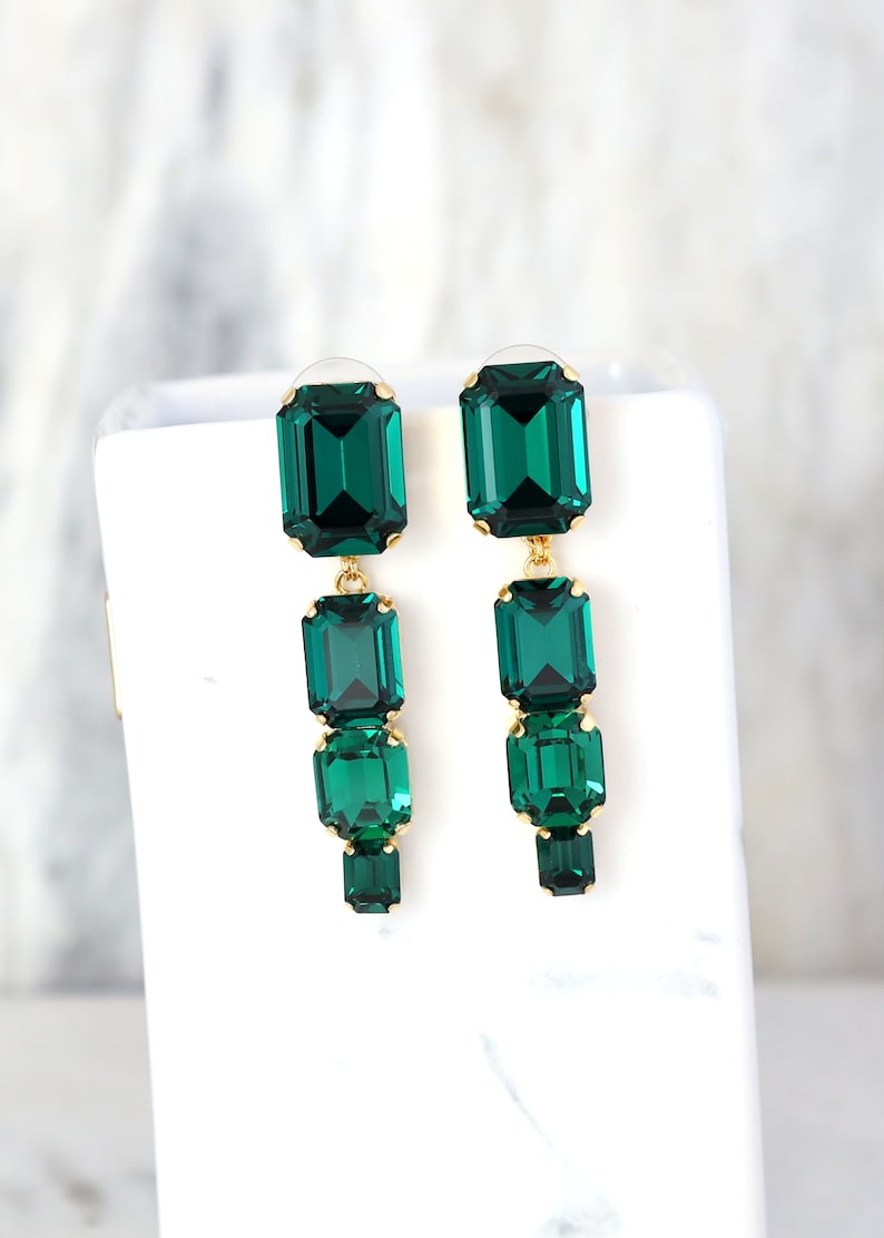 Emerald Chandelier Earrings, Emerald Green Long Crystal Earrings, Emerald Cut Drop Chandelier Earrings, Bridal Dark Green Crystal Earrings image 3