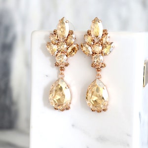 Champagne LONG Earrings, Bridal Gold Earrings, Bridal Chandelier Earrings, Bridal Champagne Crystal Dangle Earrings, Bridal Drop Earrings