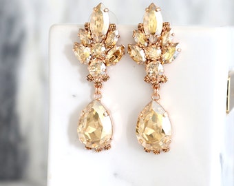 Champagne LONG Earrings, Bridal Gold Earrings, Bridal Chandelier Earrings, Bridal Champagne Crystal Dangle Earrings, Bridal Drop Earrings