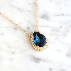 Navy Blue Necklace, Bridal Blue Navy Crystal Necklace, Bridesmaids Earrings, Blue Navy Pear Shaped Crystal Necklace, Blue Navy Gold Necklace