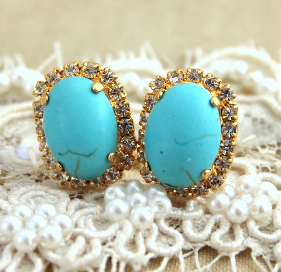 Items similar to Turquoise Crystal stud oval earring 14k plated gold
