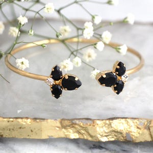 Black Bracelet, Black Gold Bracelet, Black Cuff Bracelet, Bridesmaids Bracelets, Bridal Bracelet, Crystal Gold Black Crystal Cuff Bracelet