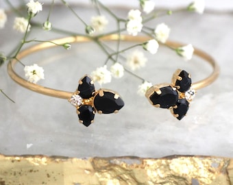 Black Bracelet, Black Gold Bracelet, Black Cuff Bracelet, Bridesmaids Bracelets, Bridal Bracelet, Crystal Gold Black Crystal Cuff Bracelet