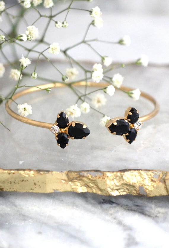 Black Bracelet, Black Gold Bracelet, Black Cuff Bracelet, Bridesmaids  Bracelets, Bridal Bracelet, Crystal Gold Black Crystal Cuff Bracelet - Main Image