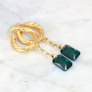 Emerald Earrings, Emerald Drop Earrings, Gold Hoop Earrings, Green Crystal Earrings, Oversize Hoop Earrings, Boho Earrings, Hoop Earrings