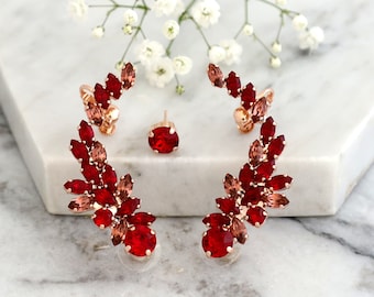 Red Scarlet Climbing Earrings, Red Pink Ear cuff earrings, Bridal Climber Crystal Earrings, Ear Climber Earrings, Red Blush Crystal Earrings