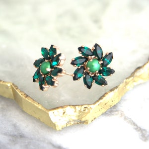 Emerald Stud Earrings, Bridal Emerald Earrings, Emerald Crystal Cluster Earrings, Dark Green Earrings, Bridesmaids Earrings, Green Studs image 6