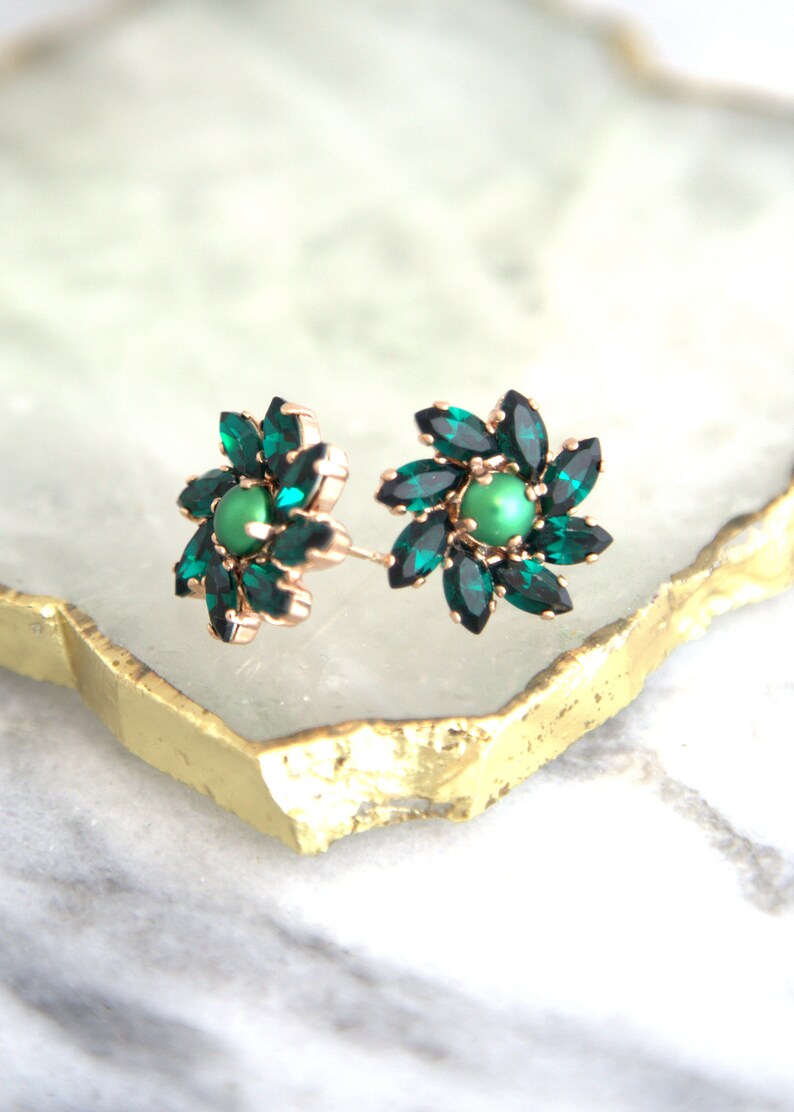 Emerald Stud Earrings, Bridal Emerald Earrings, Emerald Crystal Cluster Earrings, Dark Green Earrings, Bridesmaids Earrings, Green Studs image 6