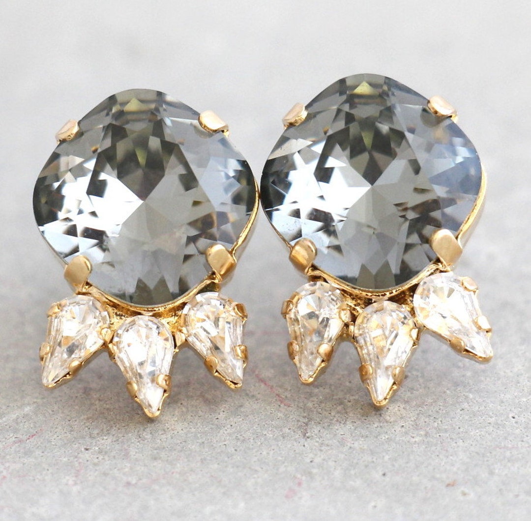 Gray Earrings Gray Crystal Earrings Black Diamond Earrings Etsy