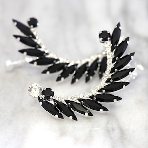 Black Ear Cuff earrings, Black Climbing Austrian Crystal earrings, Black Silver Earrings, Trending earrings, Black Ear Crawler Earrings