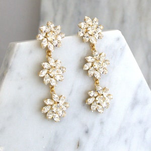 Bridal Long Earrings, Bridal Crystal Clear Earrings, Flower Crystal Chandelier Earrings, Long Crystal Dangle Earrings, Gift For Her image 2