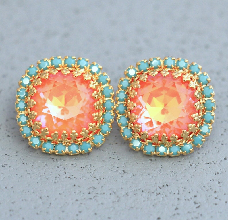 Orange Earrings, Burnt Orange Crystal Earrings, Coral Mint Stud Earrings, Orange Crystal Stud Earrings, Gift For Her, Christmas Gift image 8